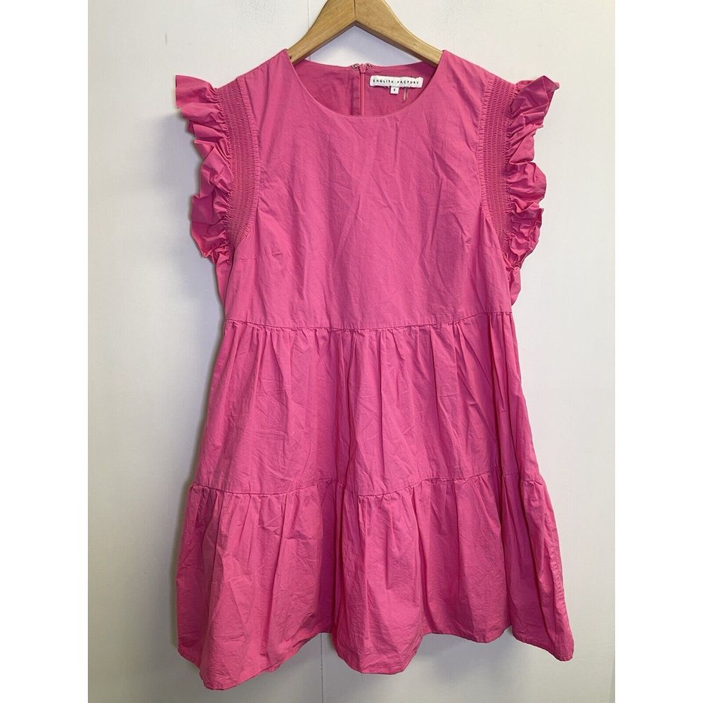 English Factory Women's Size S Ruffled Babydoll Mini Dress w/Pockets Pink‎